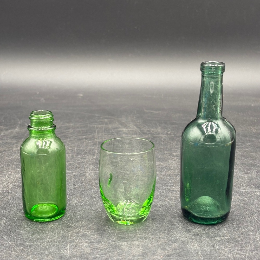 Vintage Green Glass Bottle Set 3pc Apothecary Medicine Bottle and Shot Glass